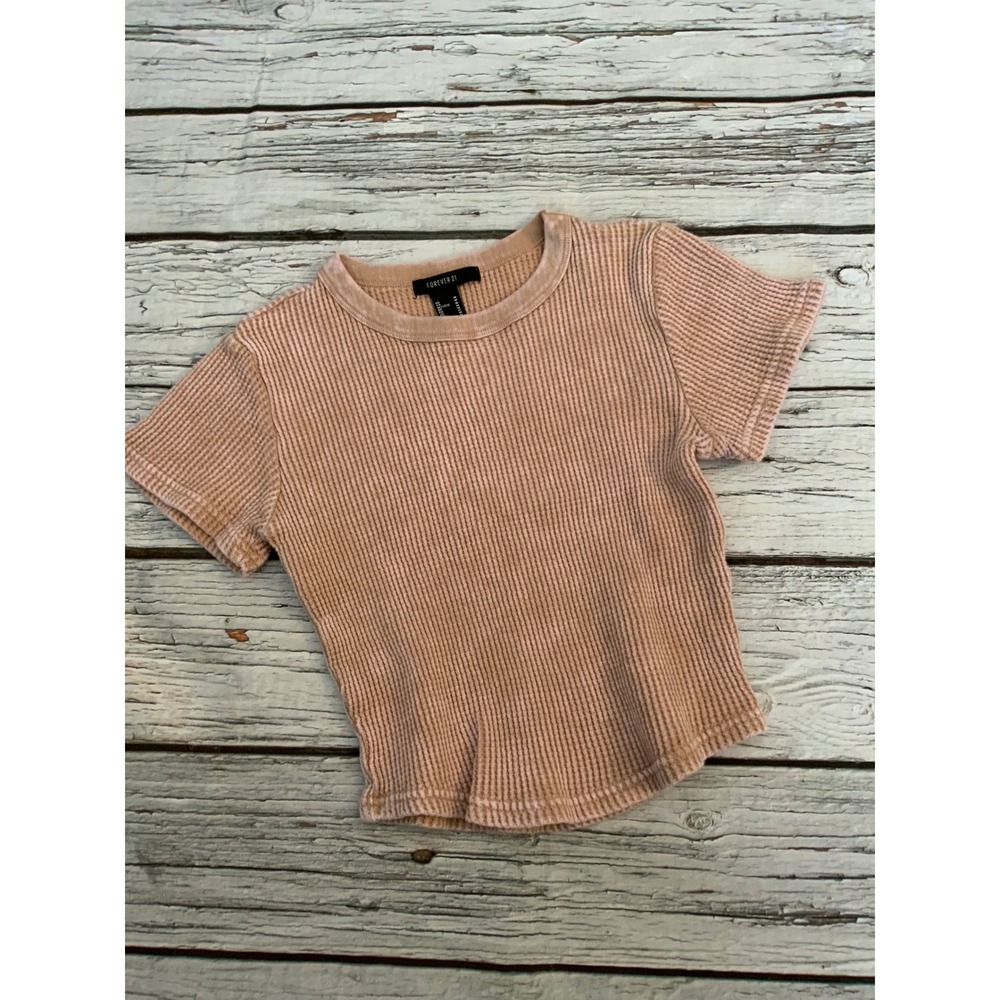Forever 21 Womens Medium Waffle Knit Short Sleeve Top Dusty Rose Mauve Thermal